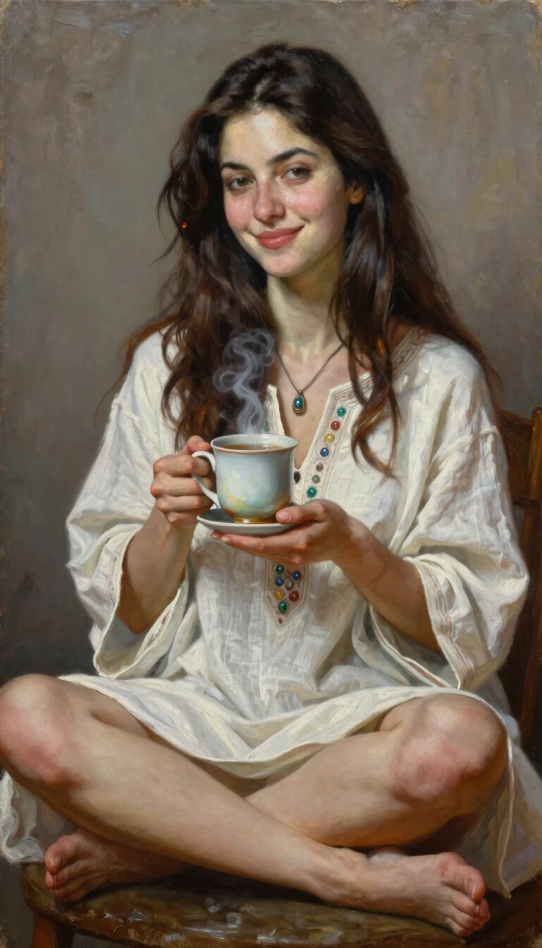 Oil painting, hyperrealism,full-length portrait, close-up, burning brunette beauty, modest smile,sitting with long hair, white linen tunic with ornaments, open shoulders,…