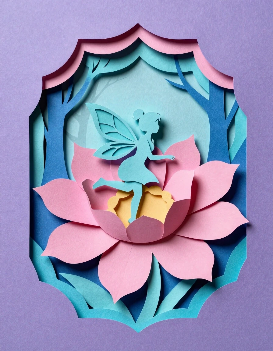 A masterpiece. Image. Three-dimensional multi-layered paper cutting with the image of a fairy on a flower against a forest background, multi-layered paper work, bright palette…