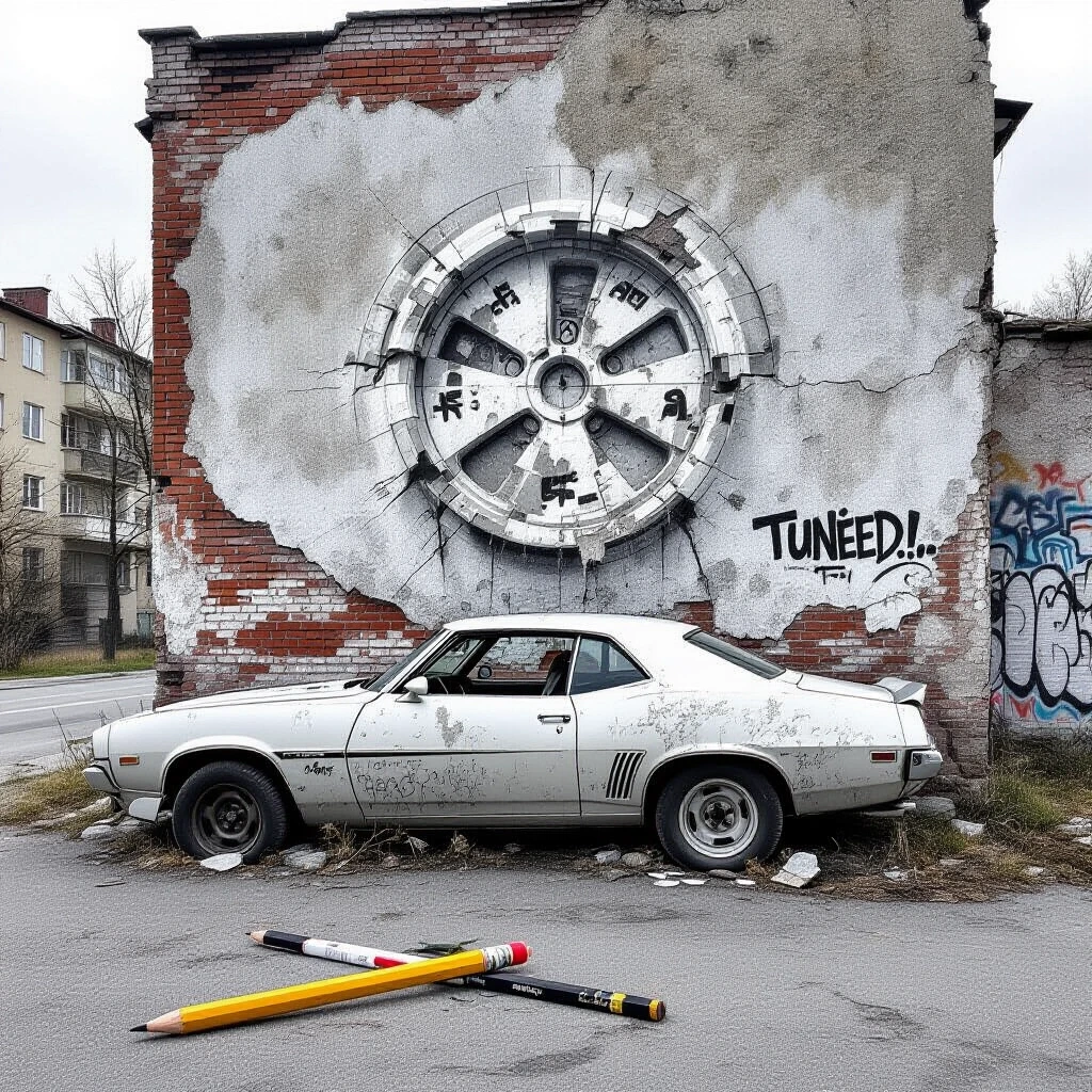 Заброшенная стена,надпись диська,3д,рядом стоит прокаченная машина,улица,набросок карандошом,3д граффити — работа пользователя Оригинальный Аватар