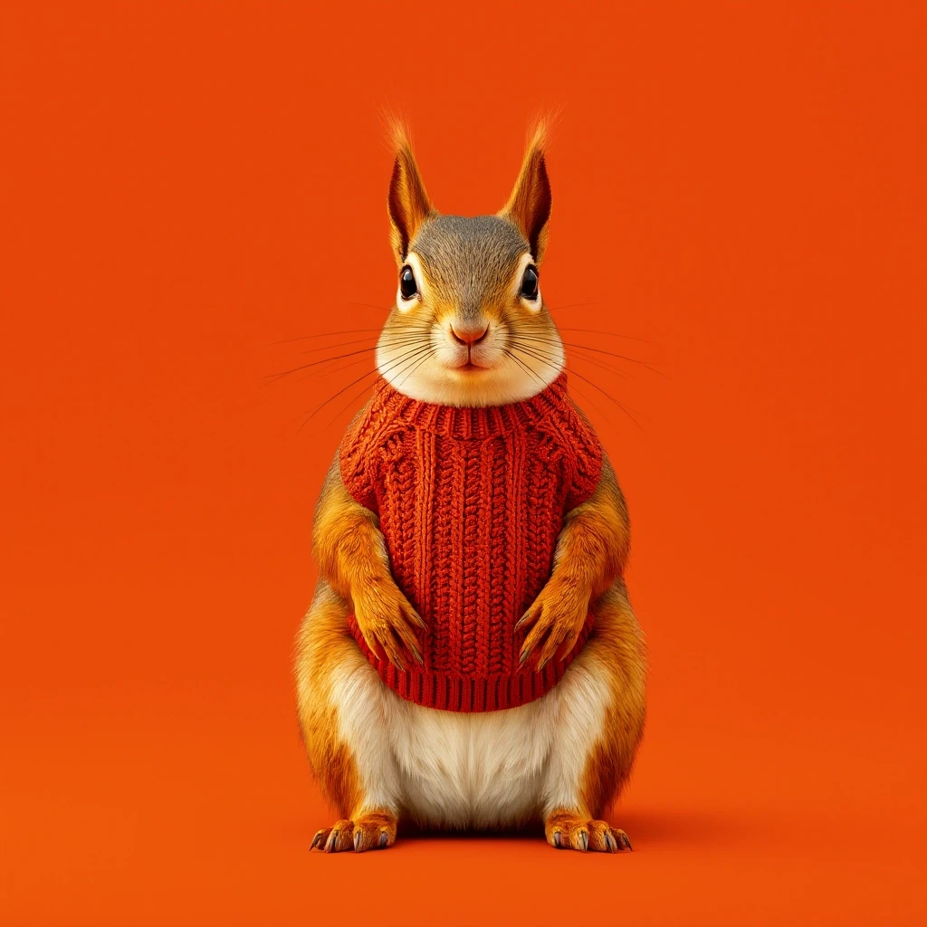 Draw a symmetrical frontal frame in the style of Wes Anderson for the A6 format. In the center is a full—length squirrel, it sits on its hind legs, and on its chest is a…