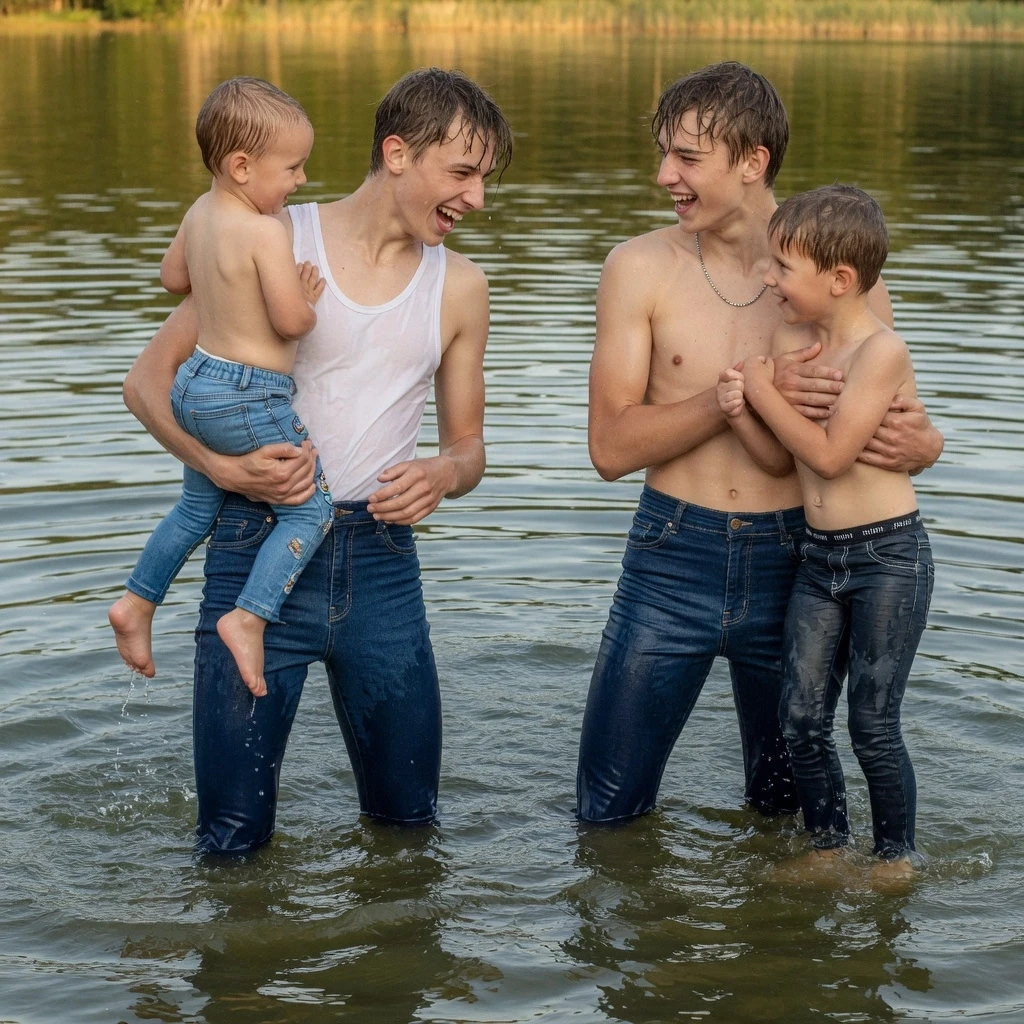 18-year-old guys in blue denim high-waisted leggings are standing deep in the water with thier children in tight denom leggings — работа пользователя Грозовой Химик