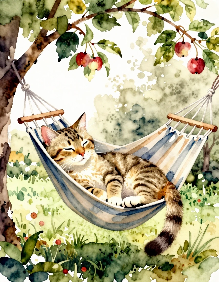 A masterpiece. Create an image. Watercolor painting style: ((Beautiful beige striped cat):1.6 dozing in a hammock under the apple trees in the garden):1.6, clear edges, clear…