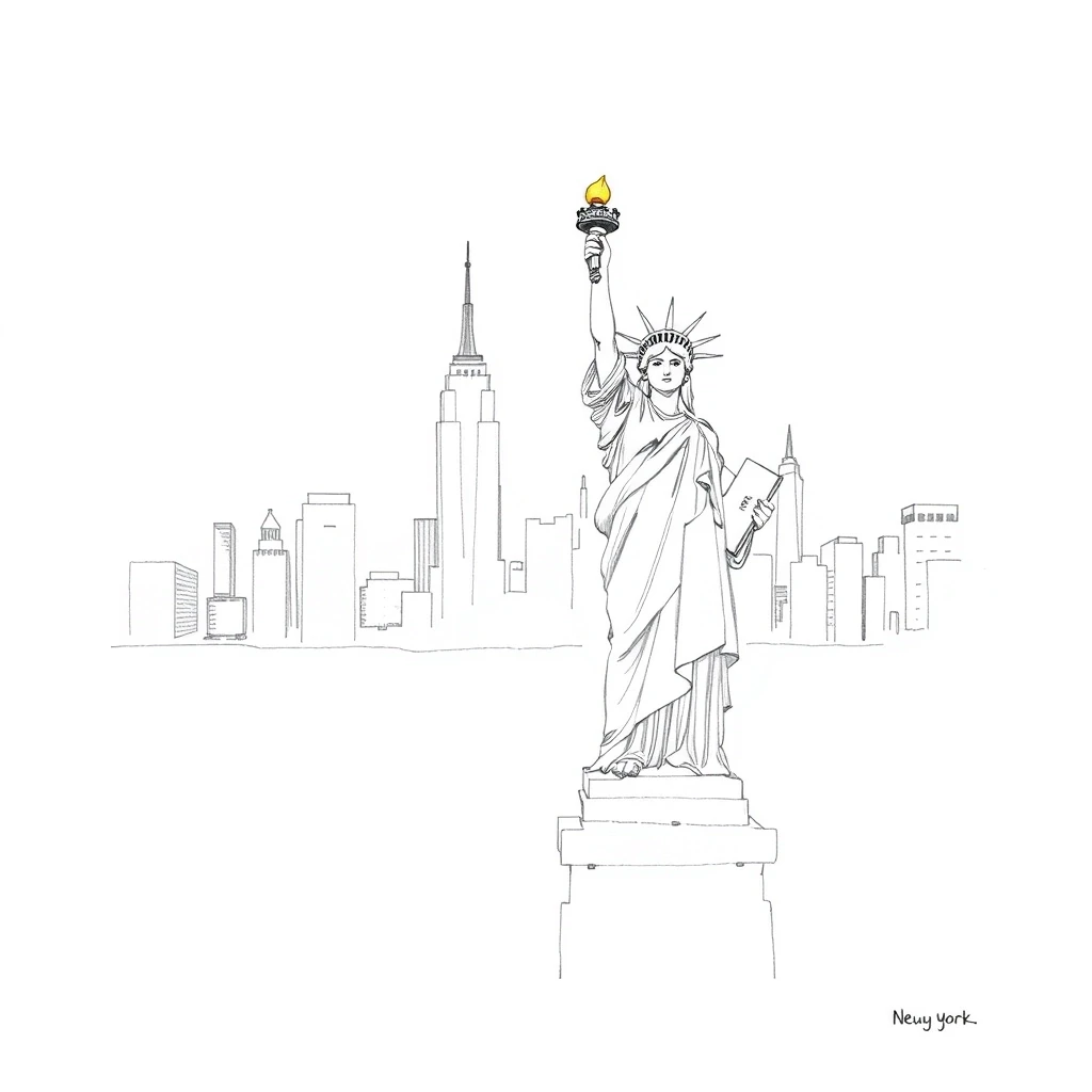 Statue of Liberty, New York in the background: simple pencil sketch, only lines and contours, white background, like in a children's book, monochrome. — работа пользователя…