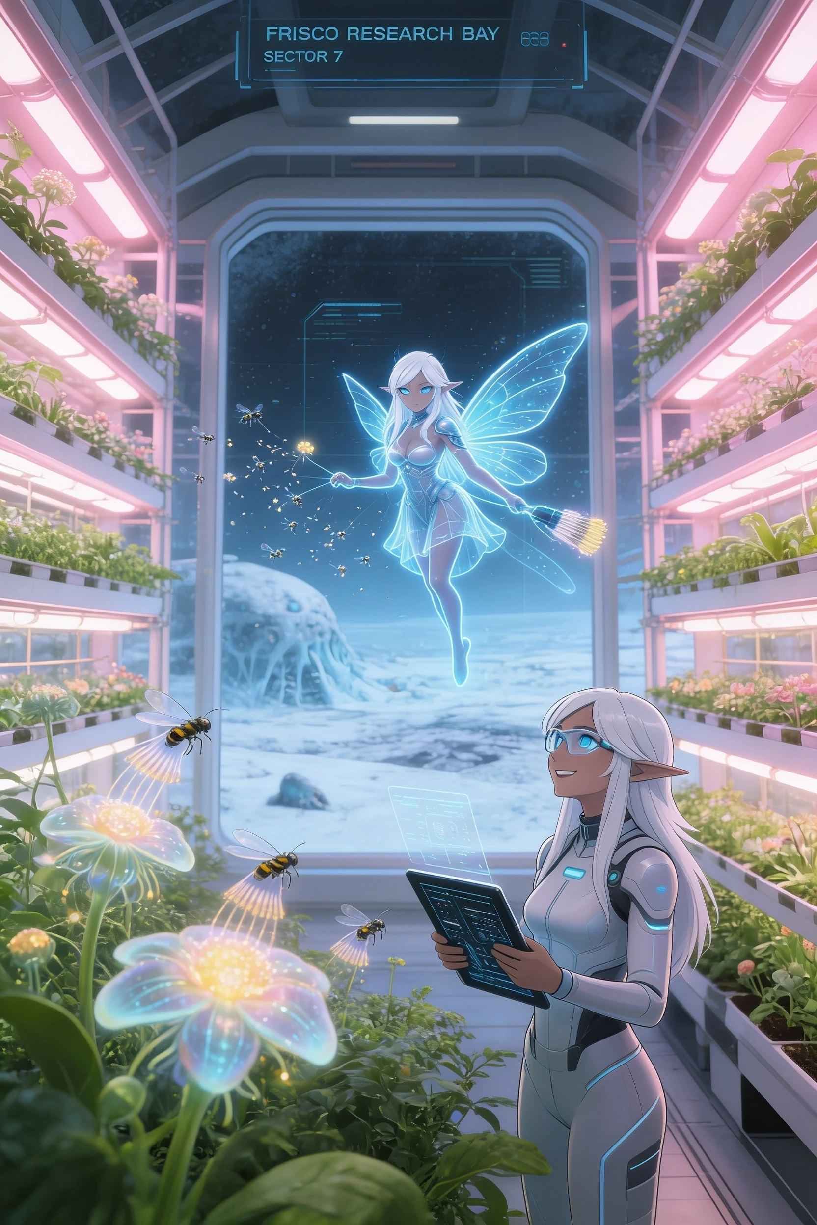 A detailed sci-fi concept art of a futuristic botanical greenhouse inside the Frisco Research Bay. Inside is a lush oasis with vertical hydroponic farms, glowing alien flowers,…