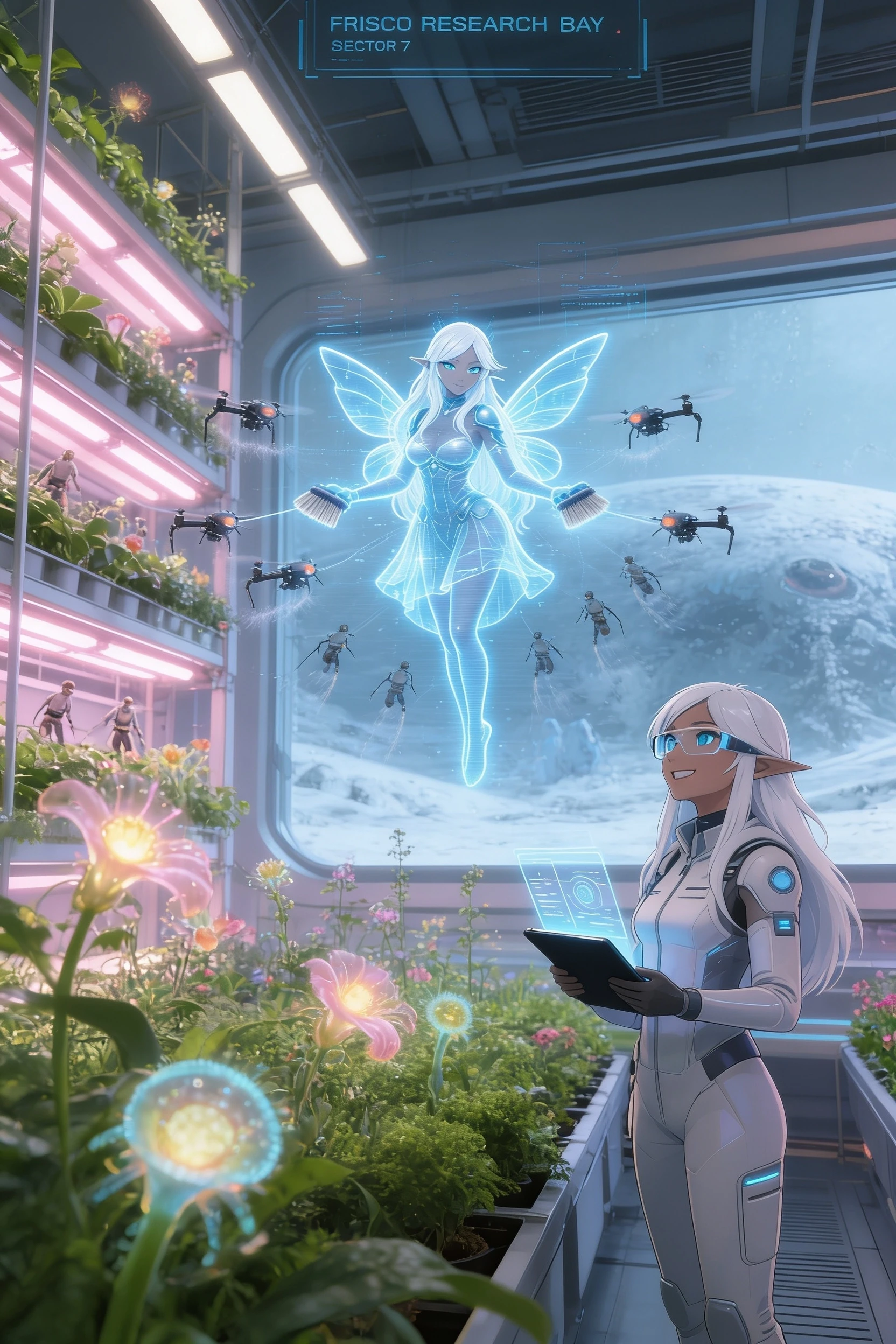 A detailed sci-fi concept art of a futuristic botanical greenhouse inside the Frisco Research Bay. Inside is a lush oasis with vertical hydroponic farms, glowing alien flowers,…
