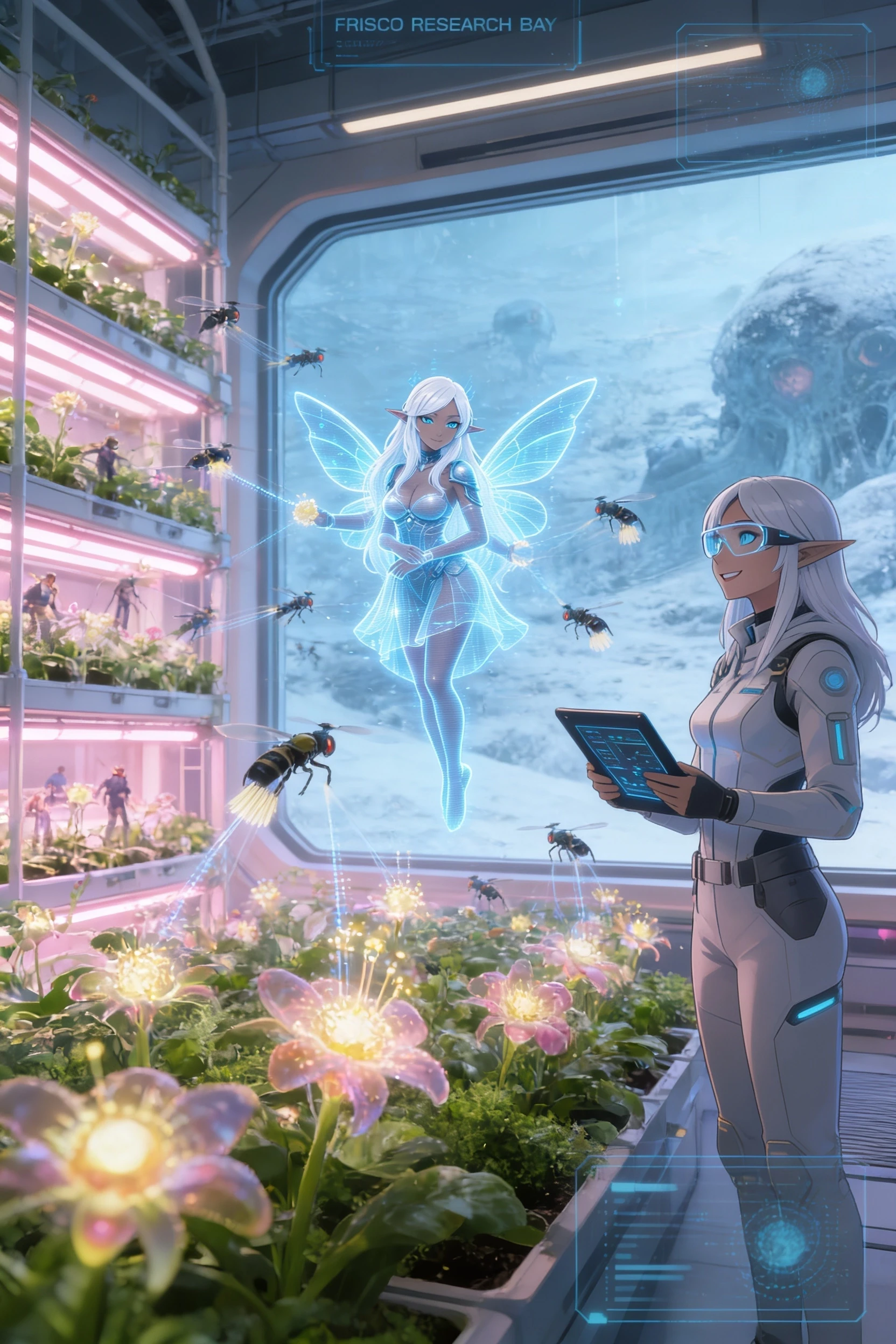 A detailed sci-fi concept art of a futuristic botanical greenhouse inside the Frisco Research Bay. Inside is a lush oasis with vertical hydroponic farms, glowing alien flowers,…