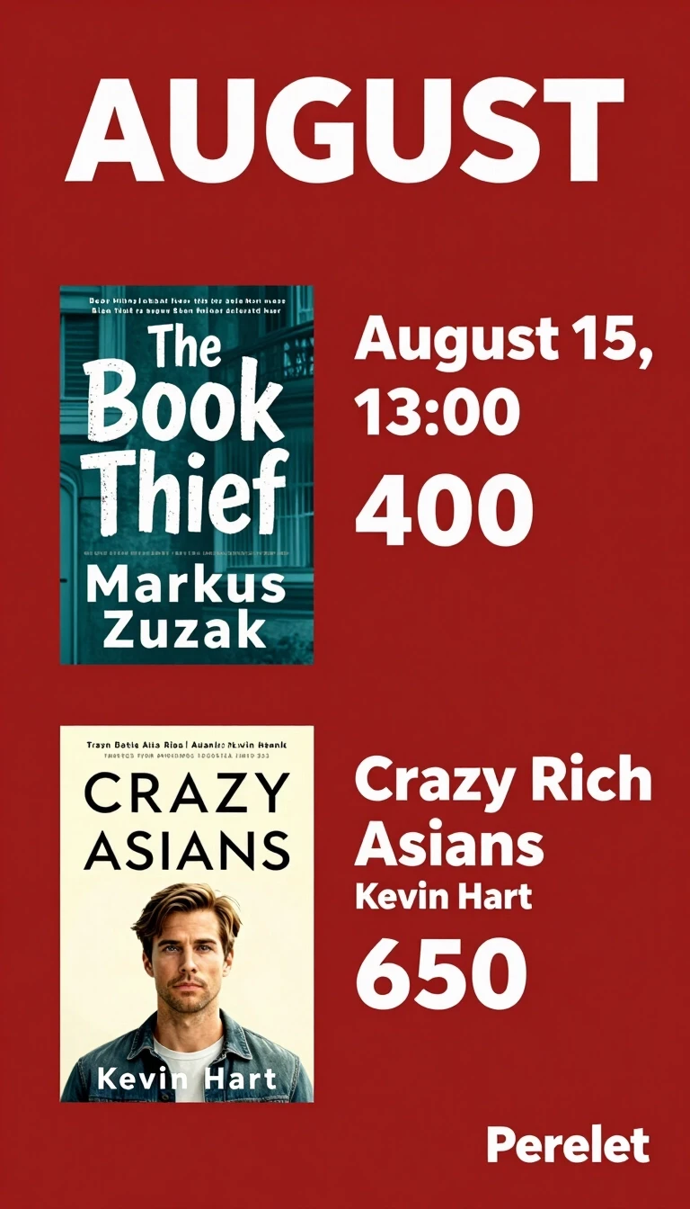 August Poster August 15, 13:00, "The Book Thief" Markus Zusak, 400 rub. August 29, 13:00 "Crazy Rich Asians" Kevin Hart, 650 rub. Bottom right corner Book…