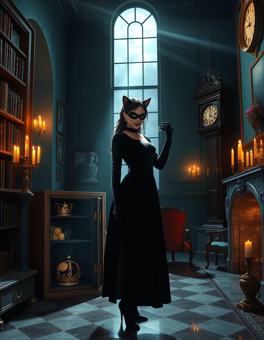 Selina Kyle stands inside a luxurious private library late at night. She has opened an antique safe hidden behind a bookshelf. Inside the safe are gold coins, precious gemstones…