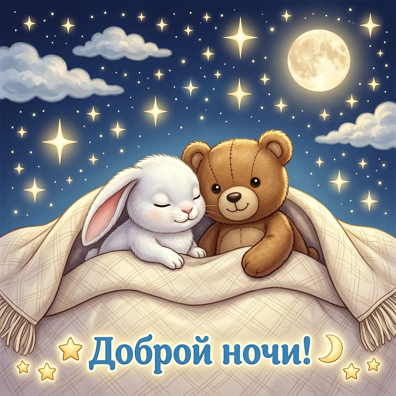 Нарисуй милого белого зайца и коричневого плюшевого медвежонка, которые уютно спят под одеялом на фоне звёздного неба. Внизу добавь надпись «Доброй ночи!» в голубом цвете. Стиль…