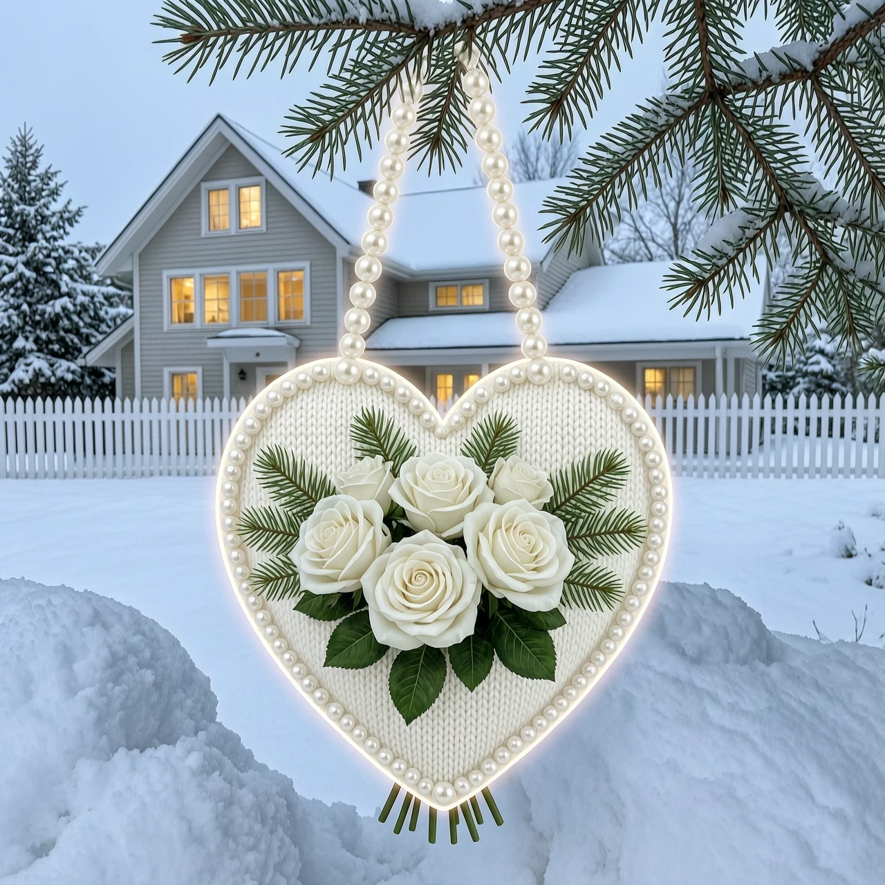 Double exposure, layering, 3D white fluffy knitted bag in the shape of a heart decorated with pearls with a bouquet of luxurious white roses with leaves and branches of spruce…