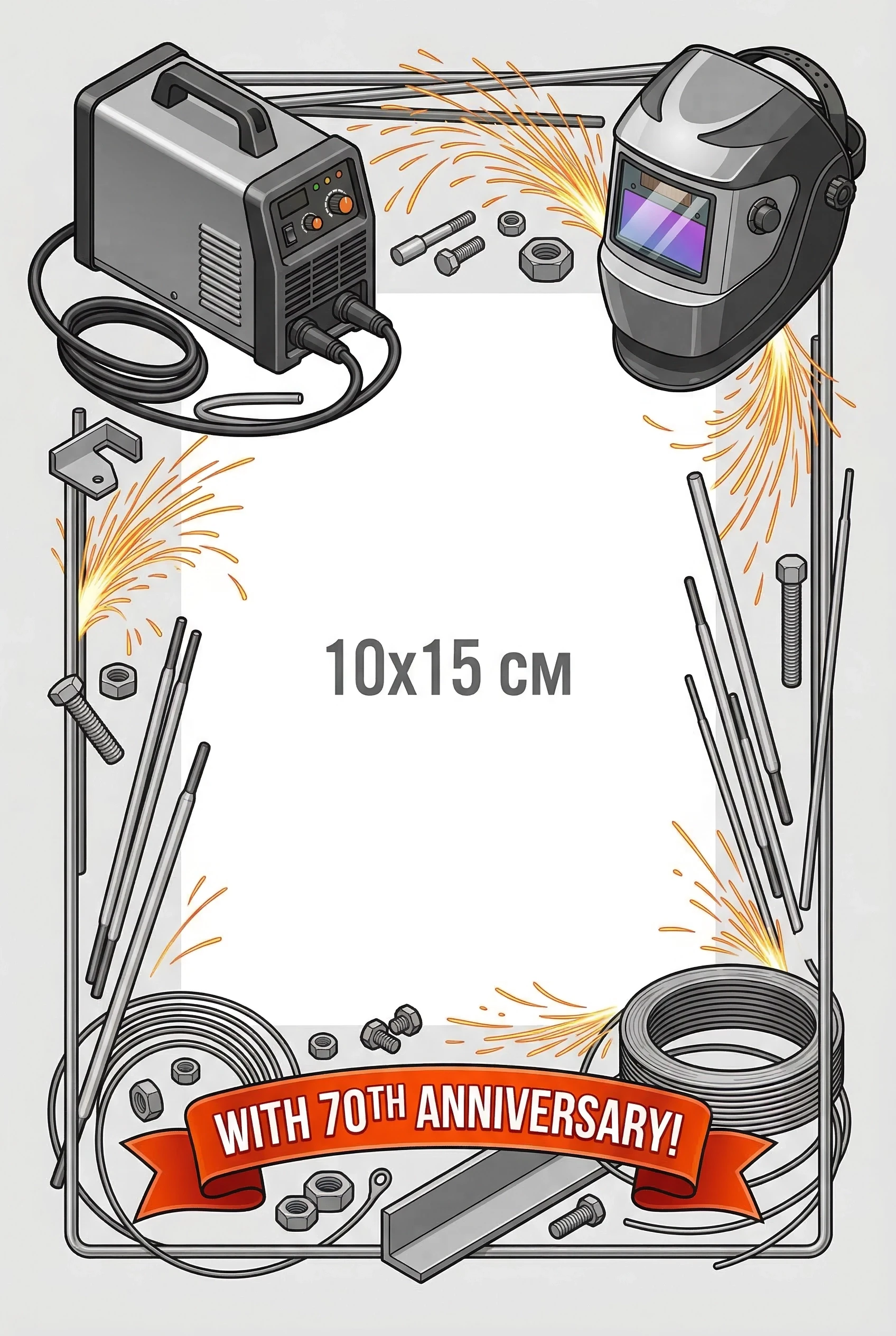 Create an A4-format illustration of a decorative congratulatory frame designed to hold a 10×15 cm photo in the center. Layout: * Top left corner: a detailed image of a compact…