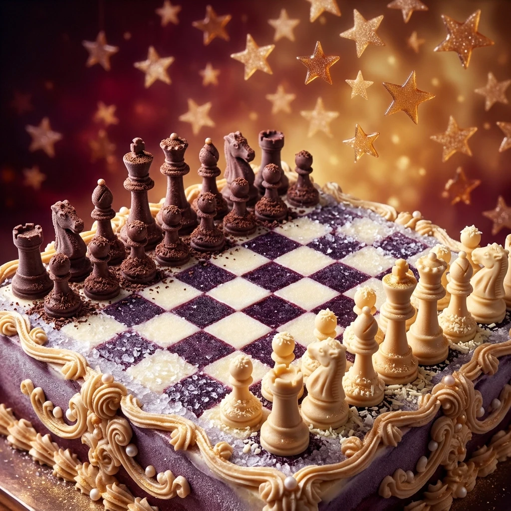 ((Background): currant jelly with stars of candy caramel. (Background colors):dark bordeaux, golden caramel. ((Foreground):(ice cream cake in the shape of a chessboard and chess…