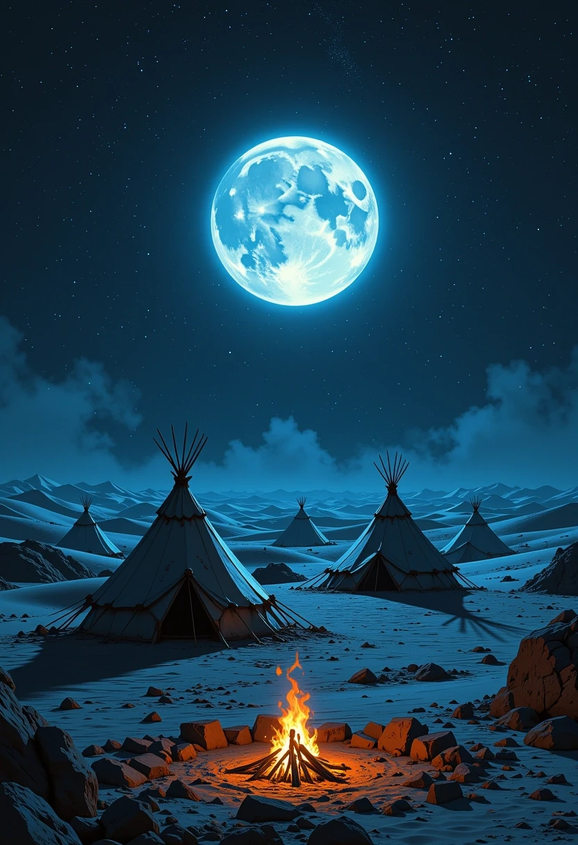 Cinematic wide shot of a vast, nocturnal desert landscape under a colossal, glowing full moon that dominates the starry night sky. In the far distance, a nomadic desert…