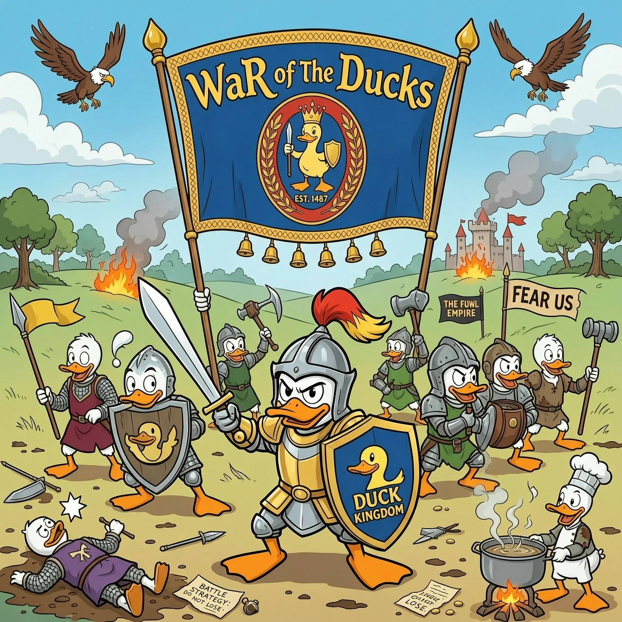 Мультяшные птицы утки , в стиле битвы средневековья с флагом WaR oF The DuCkS — работа пользователя Блестящий Шторм