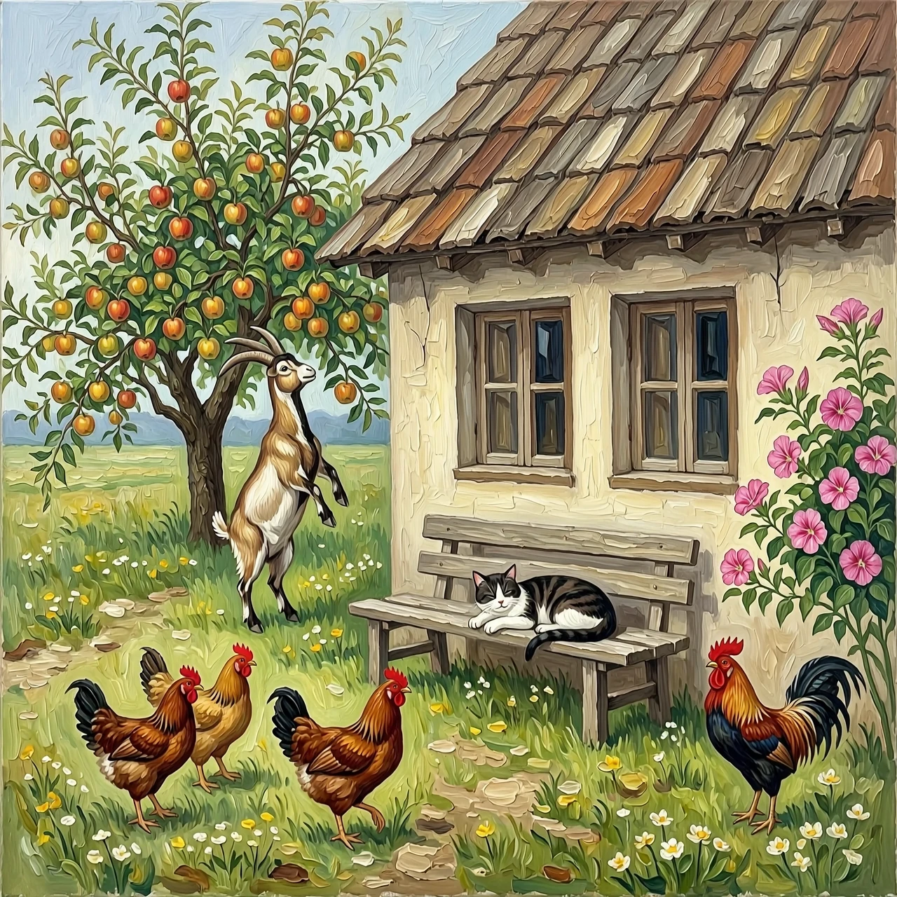 Рисунок маслом. Дом деревенский с двумя окнами. На заднем плане яблоня, коза стоит на задних лапах пытается достать верхнее яблоко. Перед окнами скамья без спинки, на ней спит…