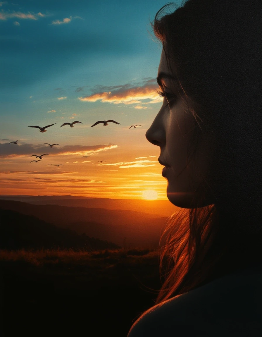 A masterpiece. Oil painting. Landscape at sunset. Double exposure. In the distance, you can see a line of flying birds. A beautiful woman, close‑up, in profile, is looking at…