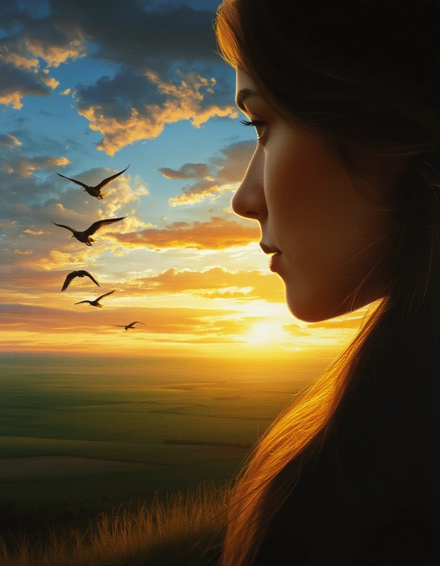 A masterpiece. Oil painting. Landscape at sunset. Double exposure. In the distance, you can see a line of flying birds. A beautiful woman, close‑up, in profile, is looking at…