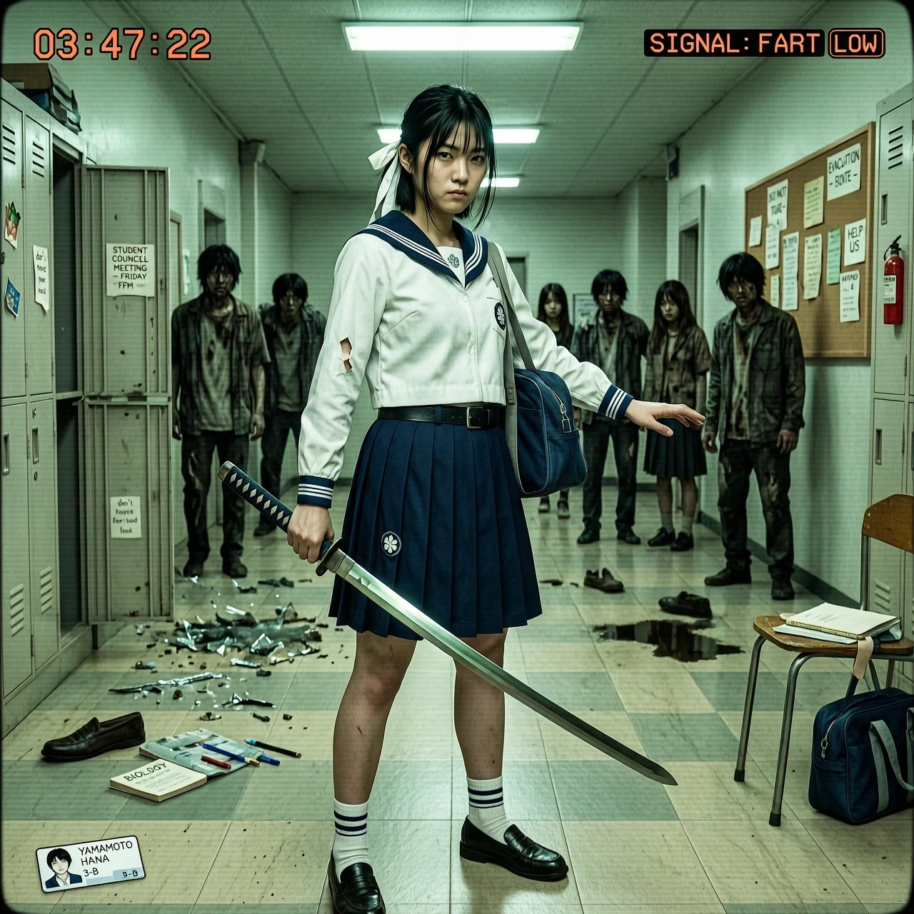 19 yo,school uniform girl ,hand katana, preparation for battle zombies,vhs retro game — работа пользователя Изысканный Интерферометр