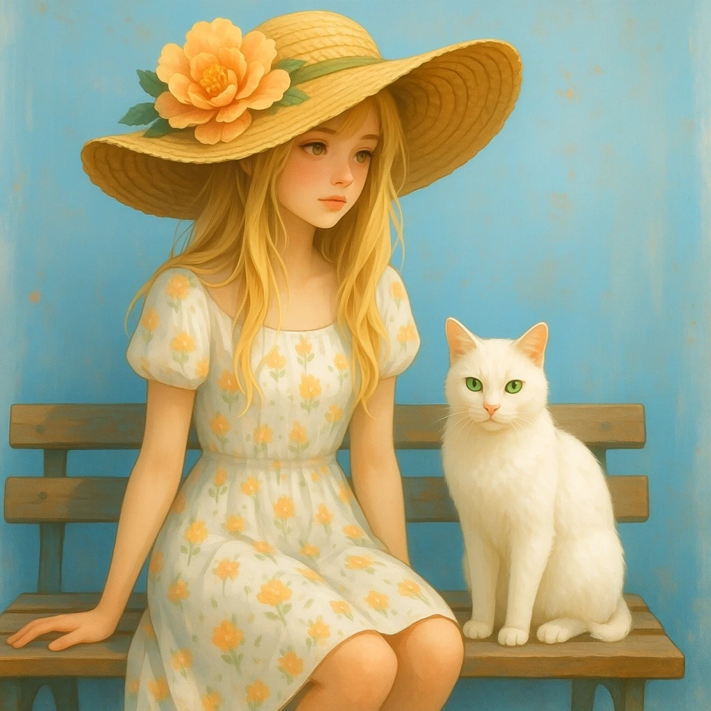 The image is a digital art piece that features a young woman with long blonde hair and a large straw hat with a large flower on top. She is wearing a white dress with a floral…