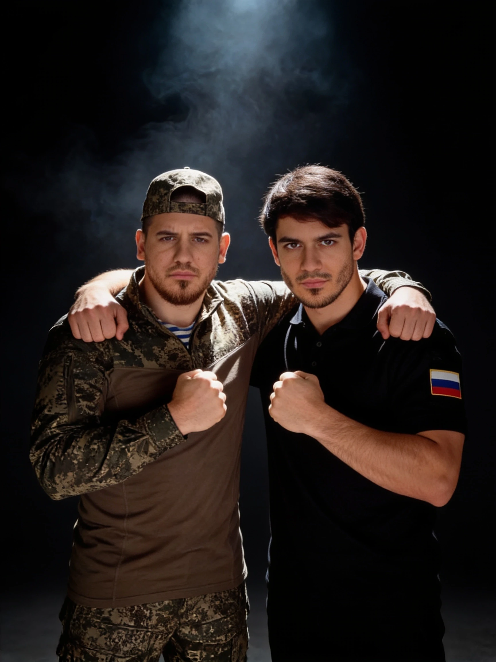 Two people standing side by side in a symmetrical composition, facing the camera with a direct and intense gaze. They are embracing each other by placing one arm over each…