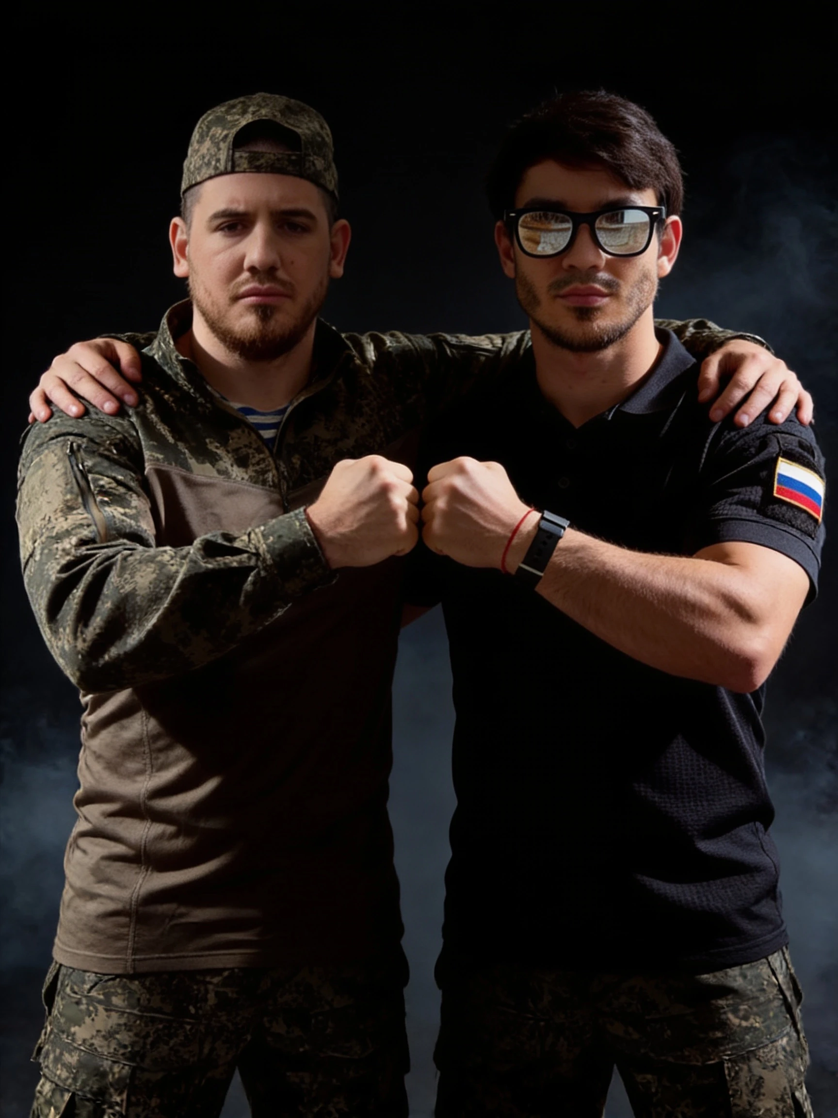 Two people standing side by side in a symmetrical composition, facing the camera with a direct and intense gaze. They are embracing each other by placing one arm over each…
