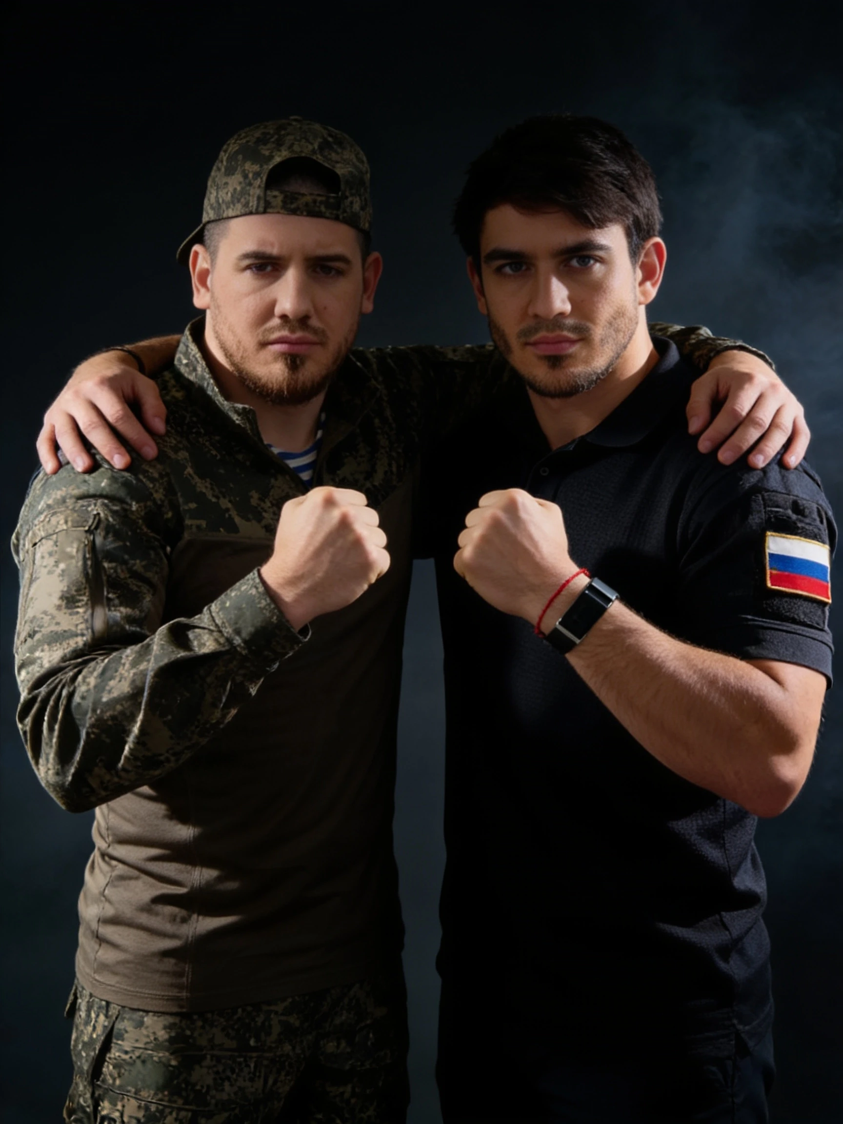 Two people standing side by side in a symmetrical composition, facing the camera with a direct and intense gaze. They are embracing each other by placing one arm over each…