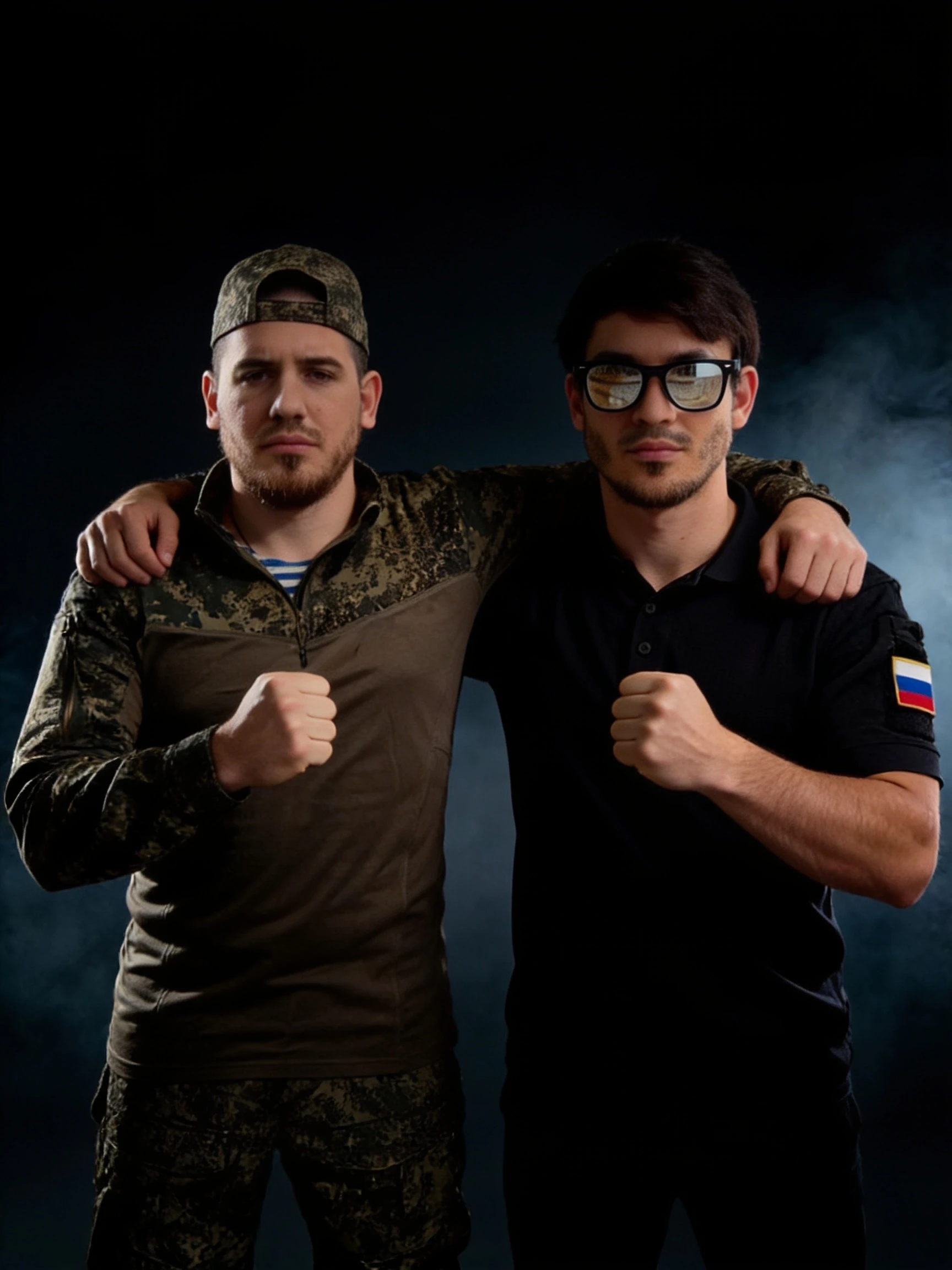 Two people standing side by side in a symmetrical composition, facing the camera with a direct and intense gaze. They are embracing each other by placing one arm over each…