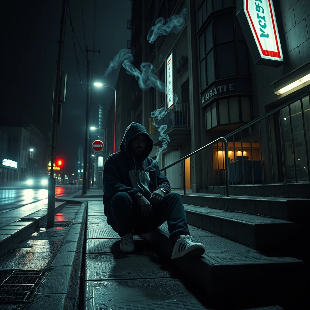 Dark melancholic urban night, empty streets after rain, cold neon lights flickering, lonely rapper in oversized hoodie sitting on concrete stairs, cigarette smoke dissolving…