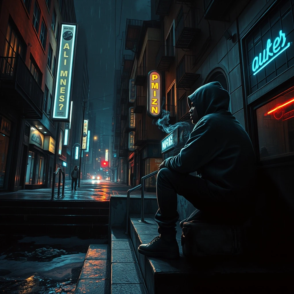 Dark melancholic urban night, empty streets after rain, cold neon lights flickering, lonely rapper in oversized hoodie sitting on concrete stairs, cigarette smoke dissolving…
