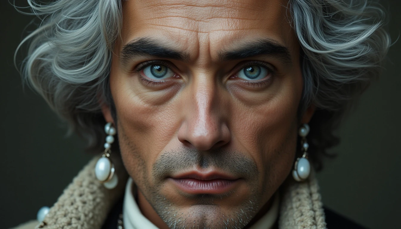 Emmanuel Kant, philosopher, large expressive eyes, lots of mother-of-pearl jewelry, gray hair, tousled in the wind, aesthetics of the male body, close-up, portrait, professional…