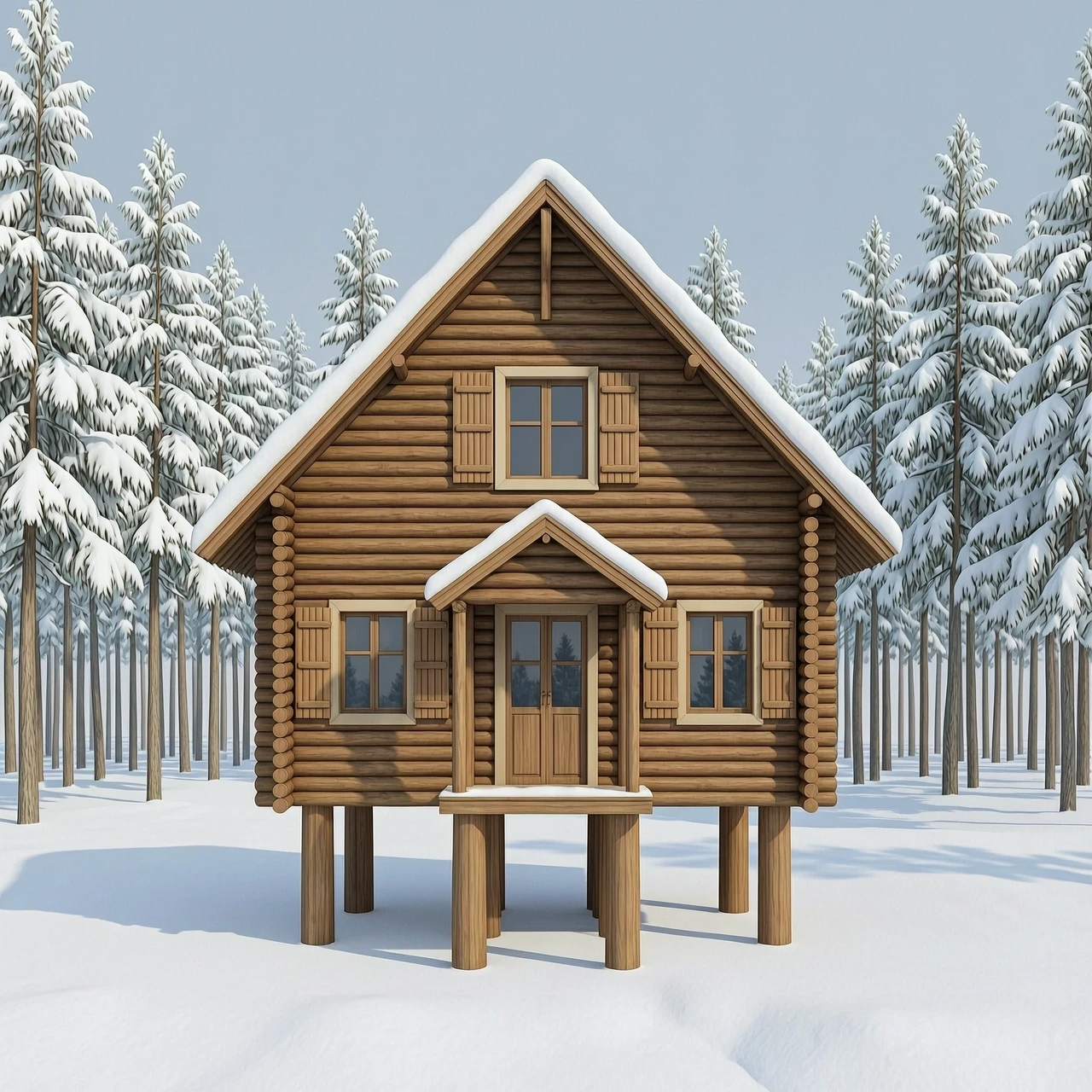 Create an image of a hut on chicken legs, built in the style of Russian folk tales from round logs, a 3D illustration. “Draw the house strictly in full face, without any…