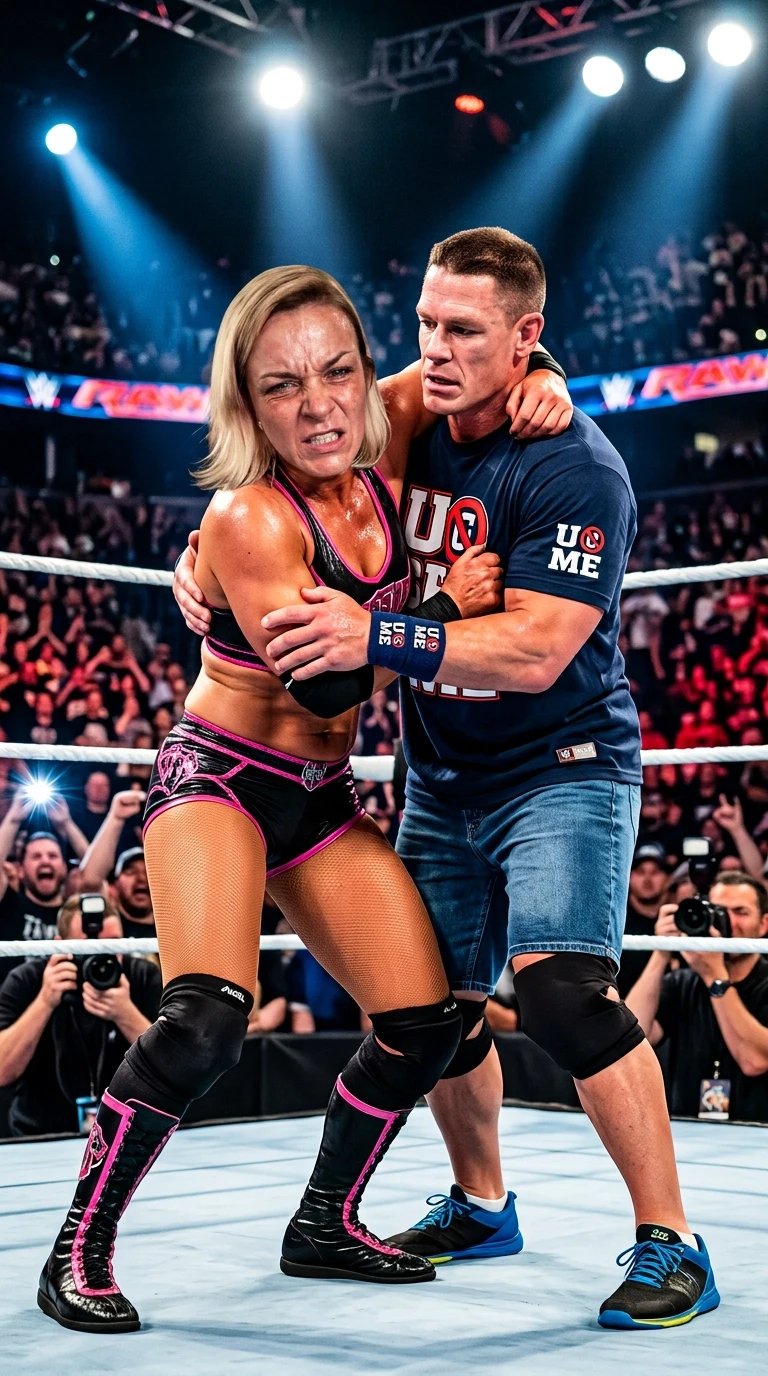 Cinematic hyper-realistic action shot, wide angle, professional wrestling match in a crowded arena. A woman in professional wrestling gear is engaged in an intense grappling…