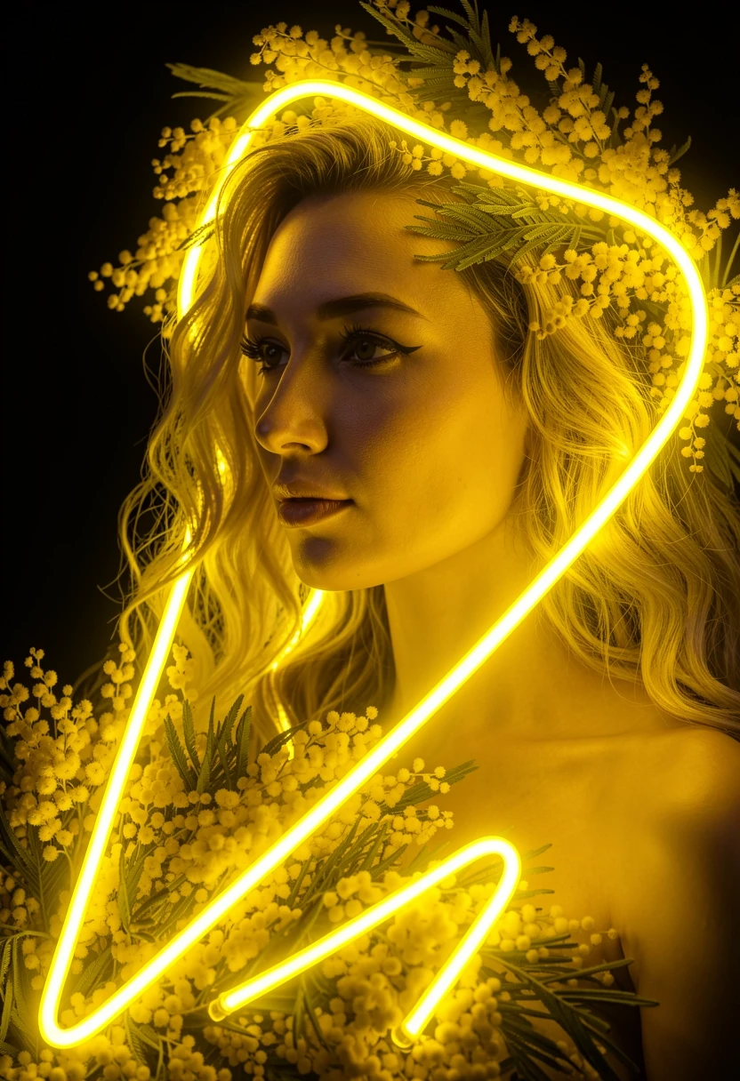 High-quality cinematic photo of a girl, with thick glowing yellow LED neon tubes overlayed on top of the mimosa flowers. Long continuous neon light lines, vibrant realistic…