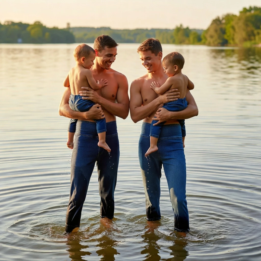 18-year-old guys in blue denim high-waisted leggings are standing deep in the water with thier children in denom leggings — работа пользователя Грозовой Химик