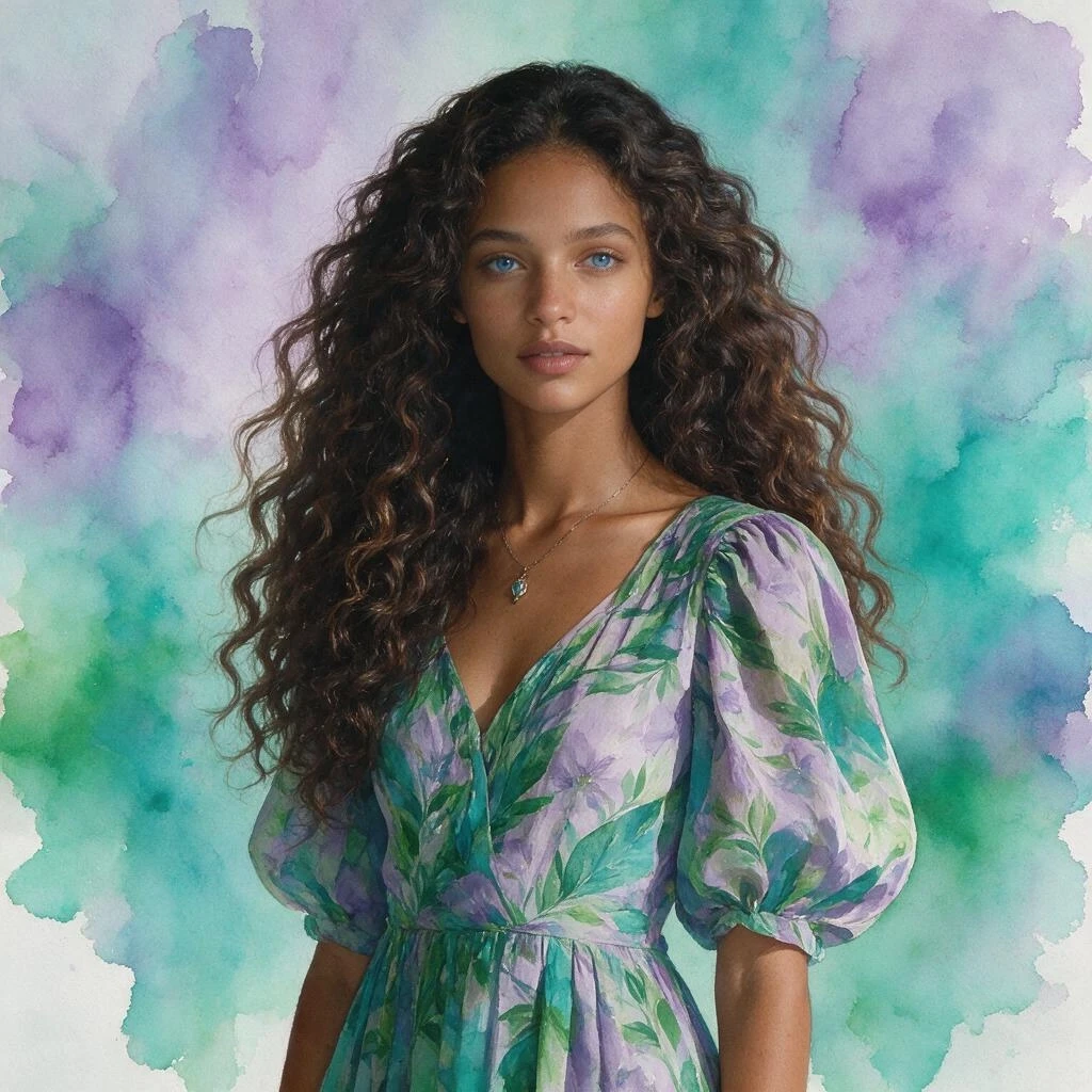 Photorealistic. A young mulatto woman with luxurious, long, curly dark brown hair and delicate, realistic, dark skin. Blue eyes. A thin chain with a pendant around the neck. A…