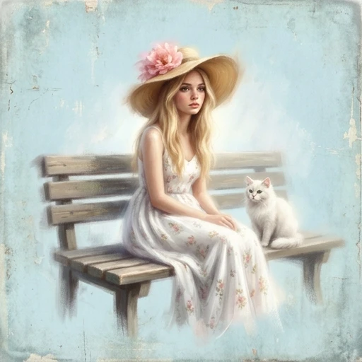 The image is a digital art piece that features a young woman with long blonde hair and a large straw hat with a large flower on top. She is wearing a white dress with a floral…