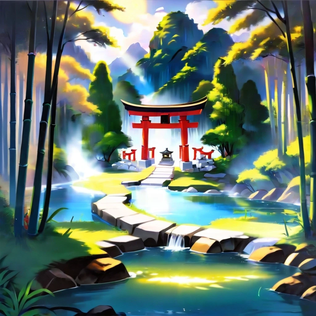 a Japanese shrine dedicated to kitsune, bamboo groves and small lakes along the sides, sunny weather, outline. — работа пользователя Безудержный Свет