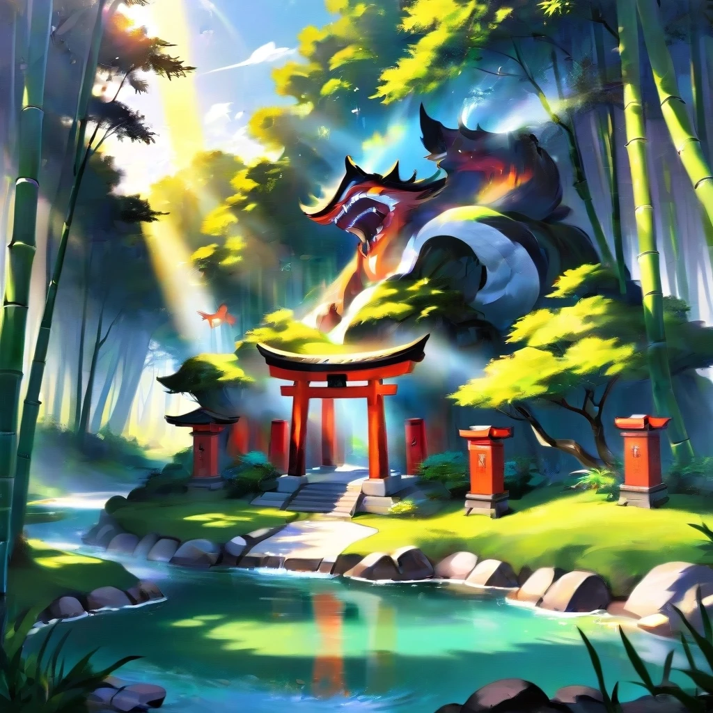 a Japanese shrine dedicated to kitsune, bamboo groves and small lakes along the sides, sunny weather, outline. — работа пользователя Безудержный Свет