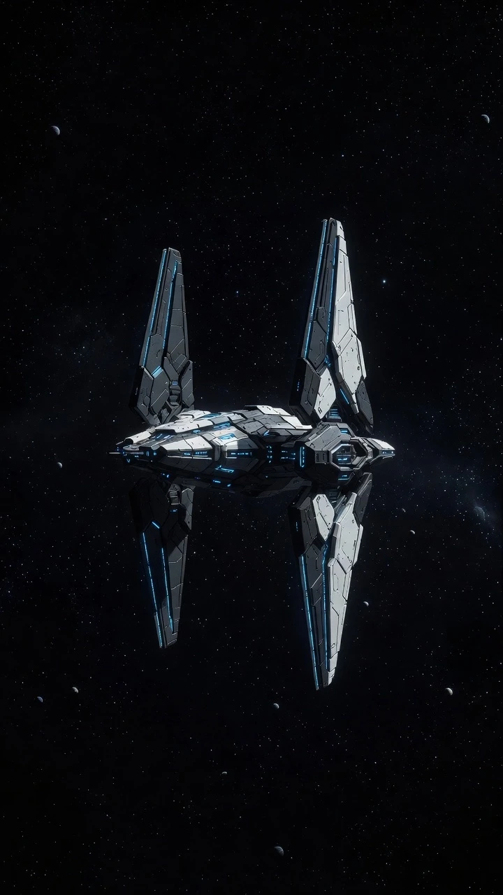 Wide isometric sci-fi shot of a compact, heavily armored modular spaceship floating in deep cosmic space. The ship features a central command hull flanked by two massive,…