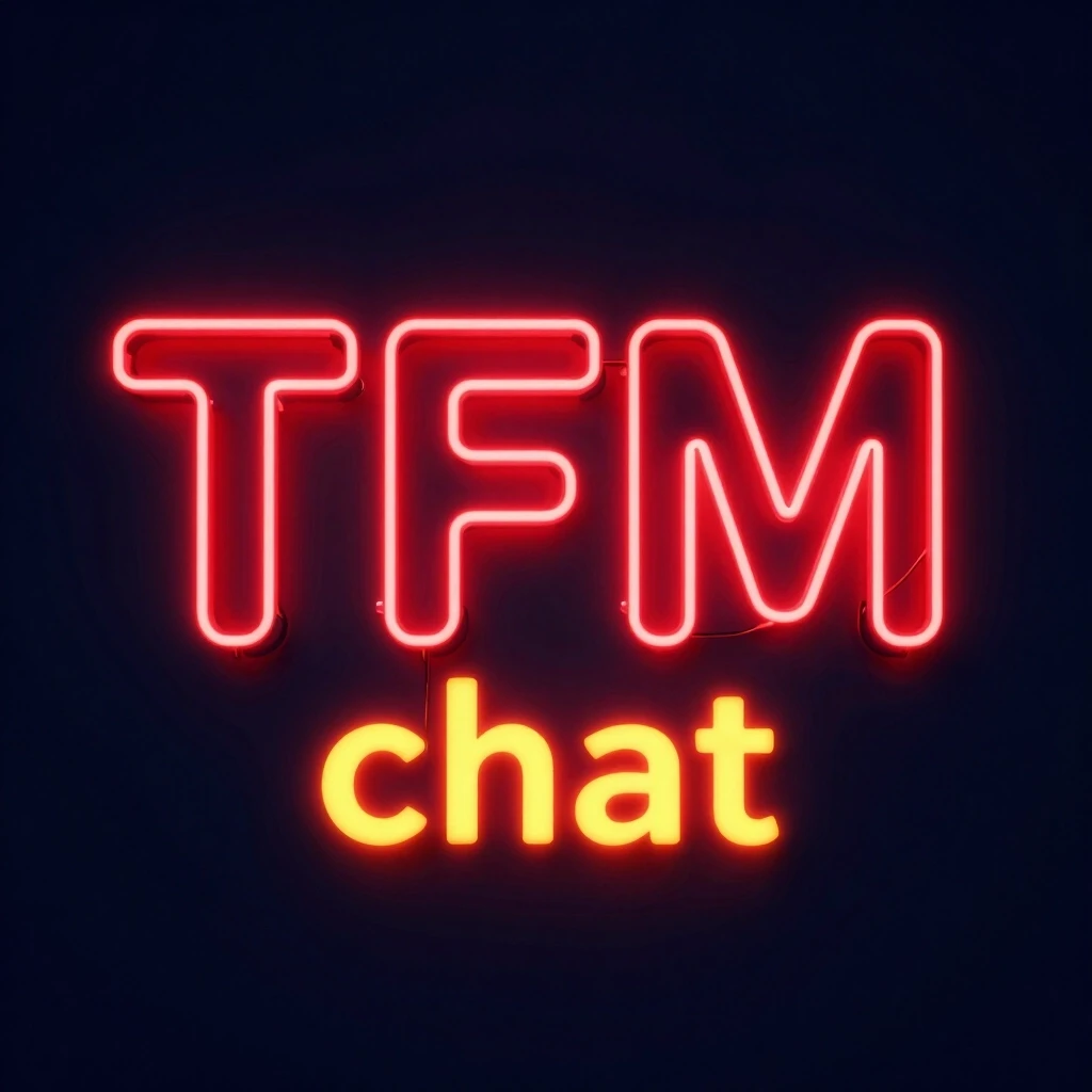 Крупные три заглавные буквы TFM и слово "chat" желтыми небольшими, выполненные в стиле яркой красной неоновой вывески. Буквы плотно сгруппированы по центру, имеют…