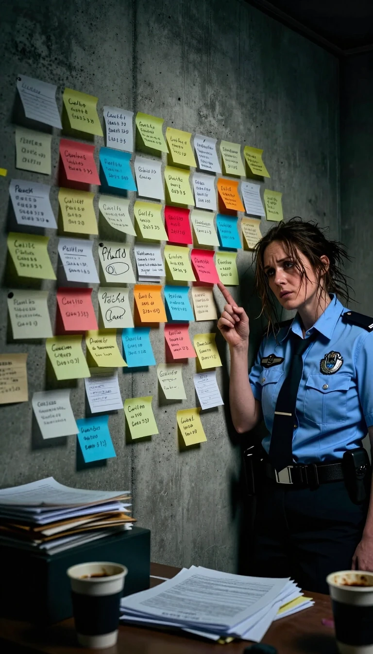 Prompt:*A hyper-realistic wide shot, 8k. An oppressive, cluttered detective's workspace. The focal point is a concrete wall overflowing with a chaotic layer of overlapping…