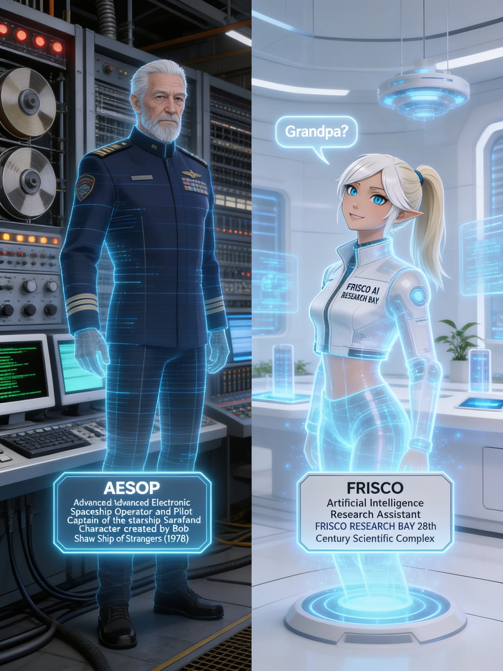 A cinematic hard sci-fi crossover scene, ultra-detailed 8K. Inside a vast technological archive where two eras coexist. Left half: 1970s retrofuturistic engineering, towering…