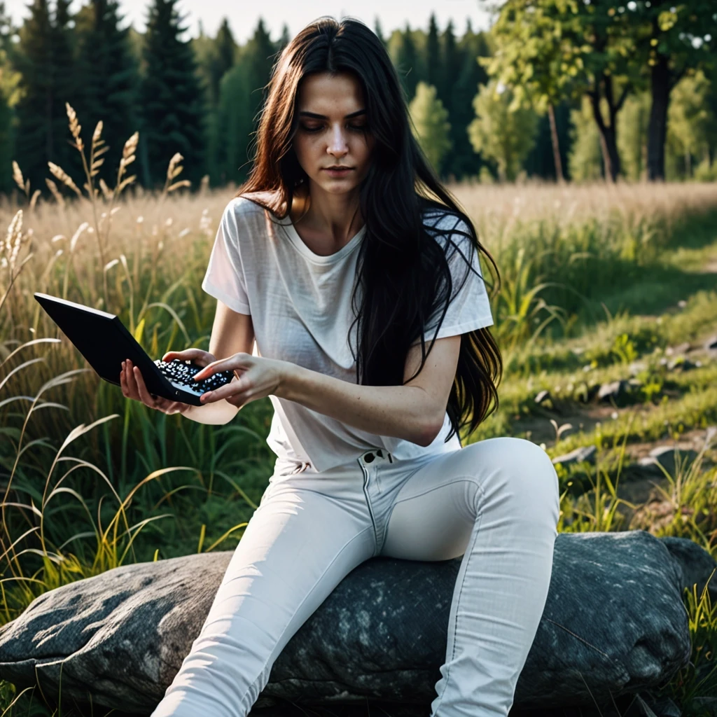 Woman playing computer game. Dark long hair, white jeans, white t-shirt. Nature — работа пользователя Могущественный Танец