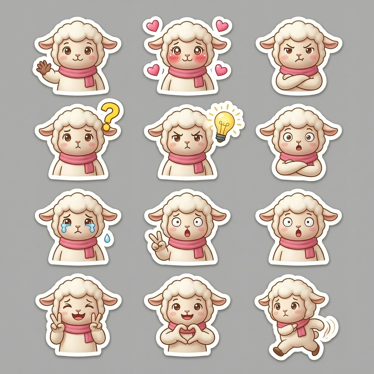 Sticker pack sheet of a cute lamb character, 3D cartoon style, high-quality render, C4D, Octane Render. The character has a rose scarf. The set includes multiple individual…