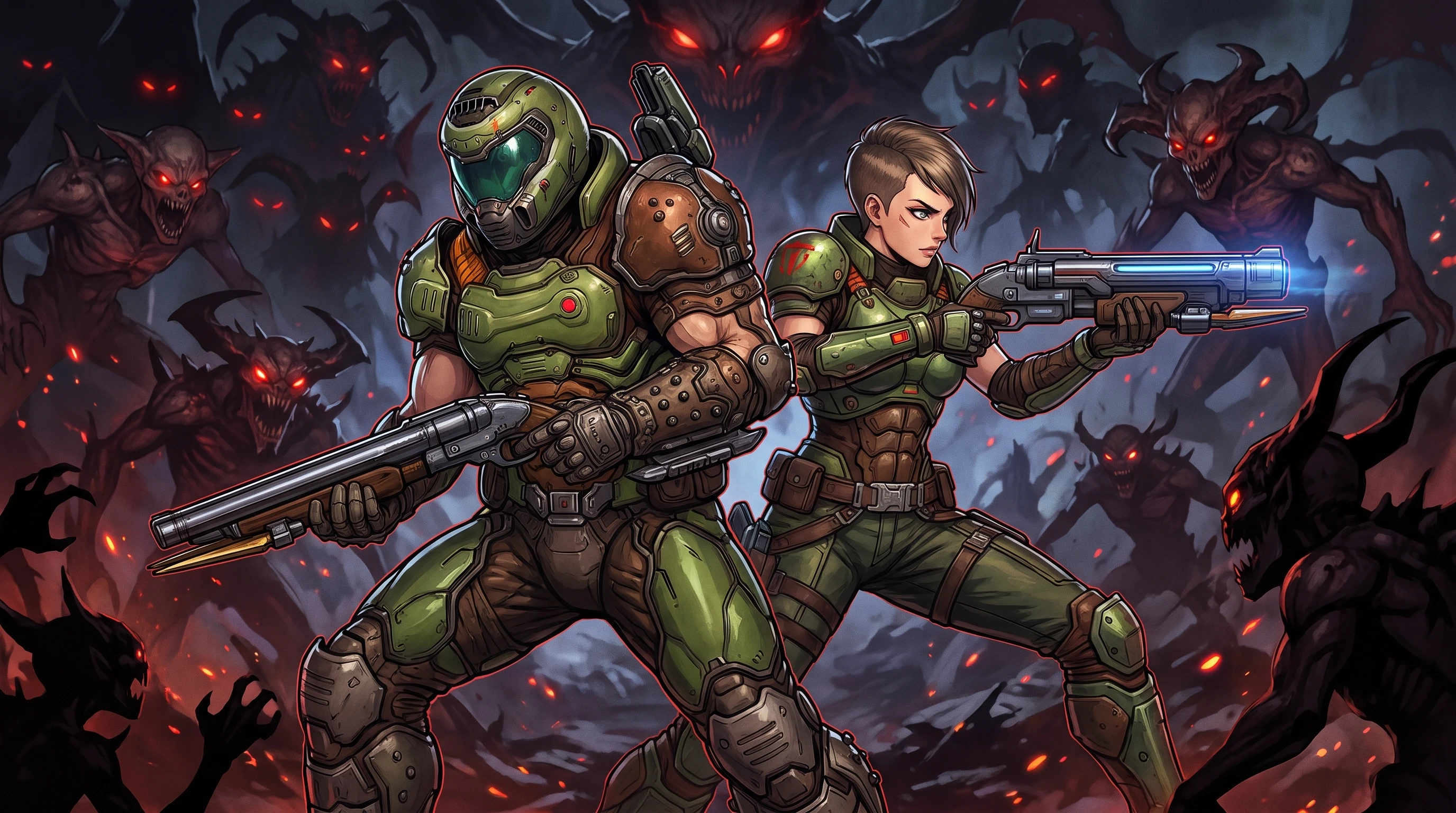 Doom (Франшиза) и Quake (Франшиза), Кроссовер, Думгай и девушка Крэш (Doomgirl из Quake), напарники, боевая стойка, спина к спине, на фоне злых демонов, стиль аниме с…