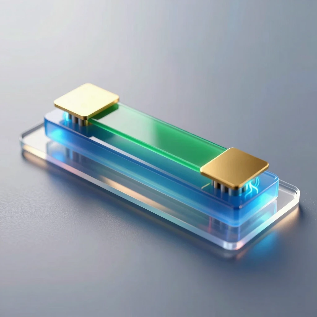 A hyper‑realistic scientific 3D illustration of a single organic field‑effect transistor with a bottom gate and top contacts of the following structure (thin layers from bottom…