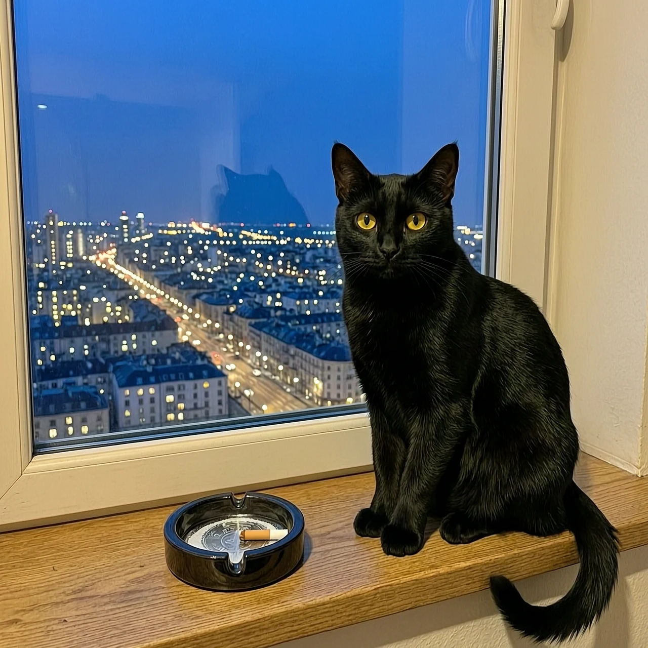 black cat with yellow eyes sitting on the windowsill next to it is an ashtray overlooking the night city with a blue sky — работа пользователя Сверкающая Комета