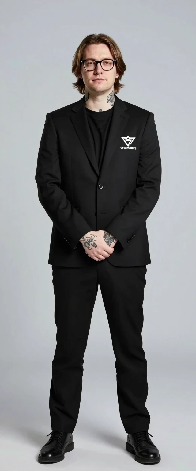 Create a profile picture of an esports club coach. The coach should be wearing glasses, have medium-length hair, and visible tattoos. They are dressed in a black suit featuring…