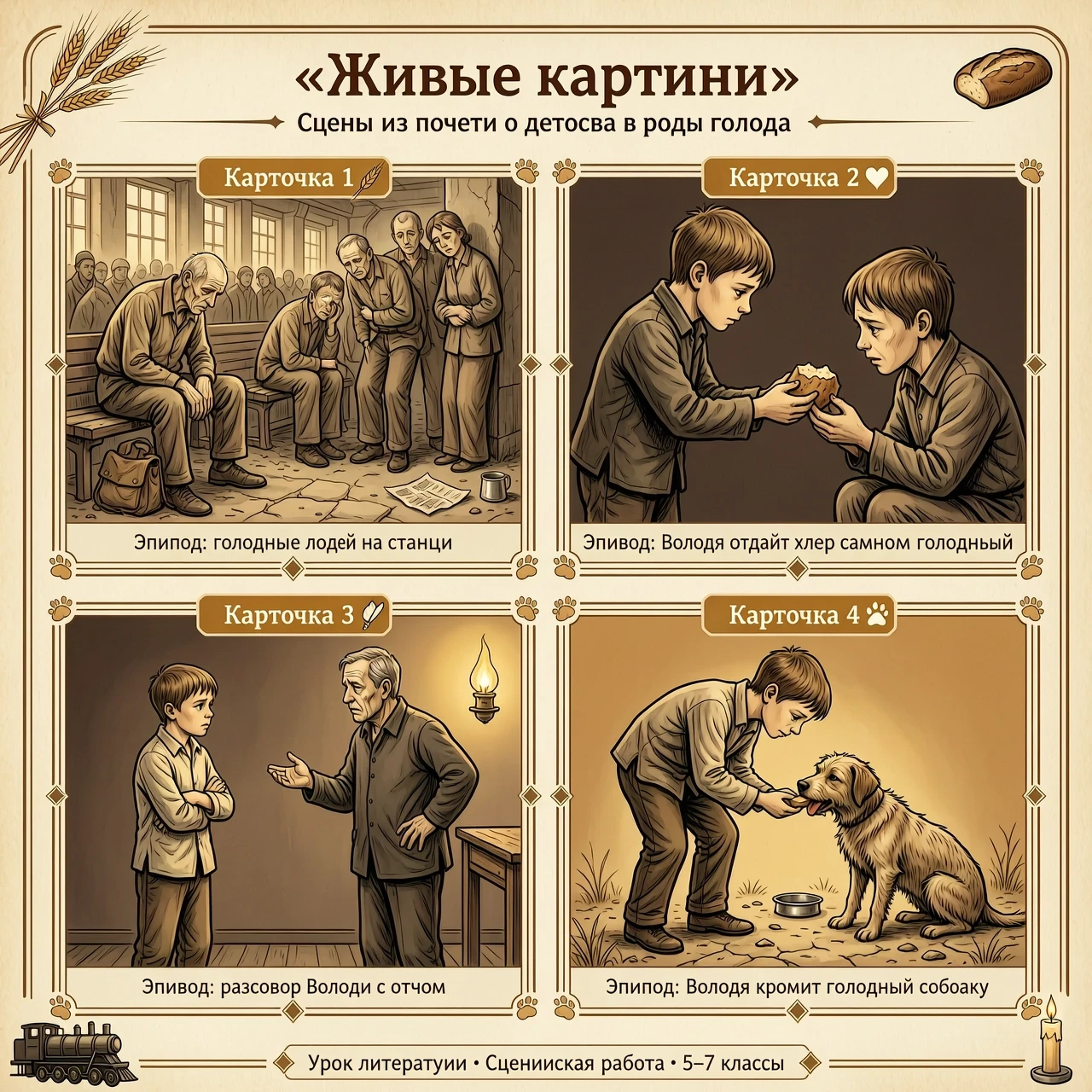 🎭 Карточка 1 Эпизод: голодающие люди на станции Задание: Создайте «живую картину» данного эпизода. Передайте происходящее только с помощью поз, мимики и расположения…