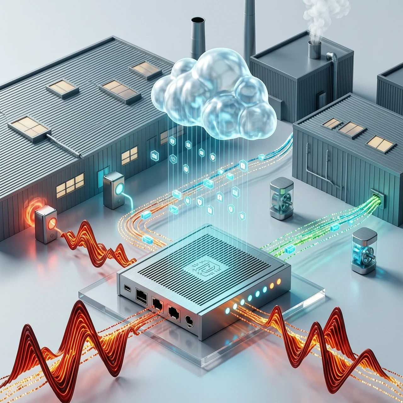 Cinematic 3D isometric illustration of Edge Computing in industrial automation. A modern factory building in the background with glowing sensor nodes (temperature, pressure,…